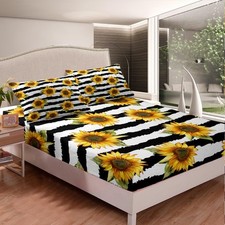 Sunflower Fitted Queen Stripes Pattern Decor Bedding Set Panoramic Printed Ad...