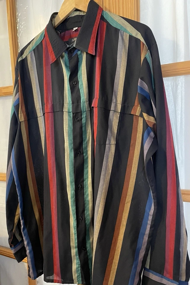 70s Spire USA Striped Button Shirt Mens 2XLT Black Long Sleeve Disco Pink Preppy - Image 2 of 4