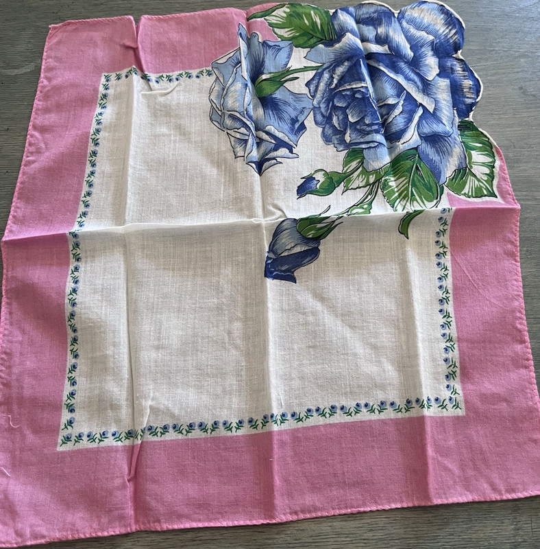 Vintage Floral Print Handkerchiefs Lot of 2, Pink Border, Blue & Pink Roses