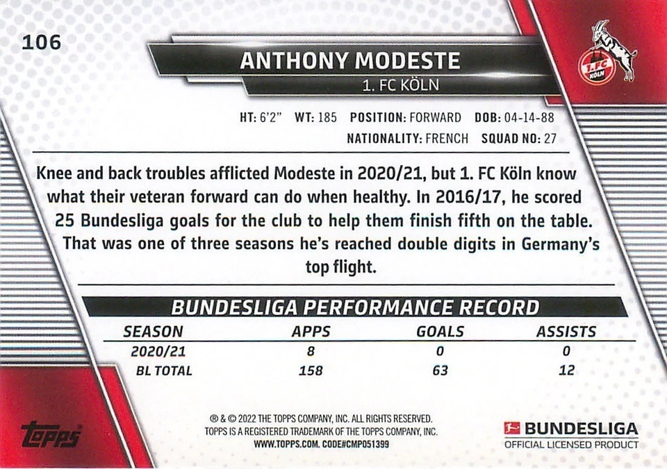 2021-22 Topps Bundesliga - Anthony Modeste #106 - Image 2 of 2