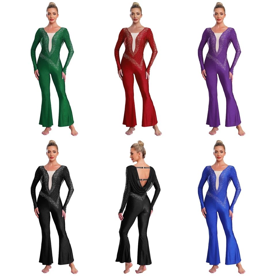 Damen Tanzkleidung Kostüm Rompers Schnitt Pullover Langarm Glitzer Cha-cha Hose - Bild 3 von 4