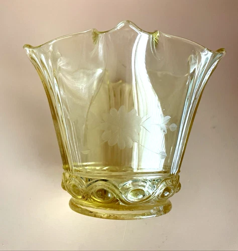 Vintage Yellow Depression Etched Floral Glass Wavy Edge Bowl