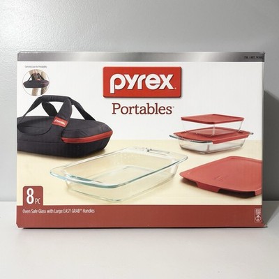 NEW! 8 Piece Pyrex Portables Glass Bakeware Set w/ Hot & Cold Carrier Case