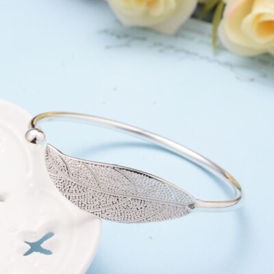 Elegant Lady Leaf 925 Sterling Silver Opening Bracelet Bangle for