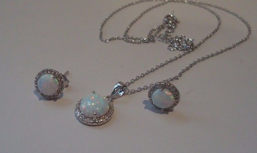 925 STERLING SILVER EARRING & NECKLACE PENDANT SET W/ 4 CTS OPAL & ACCENTS - Picture 4 of 7