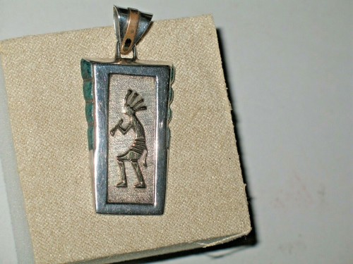 N. A. Handmade Sterling & 14K Gold Kokopelli, 8 Turquoise Pendant by Leonard Jim - Picture 5 of 10