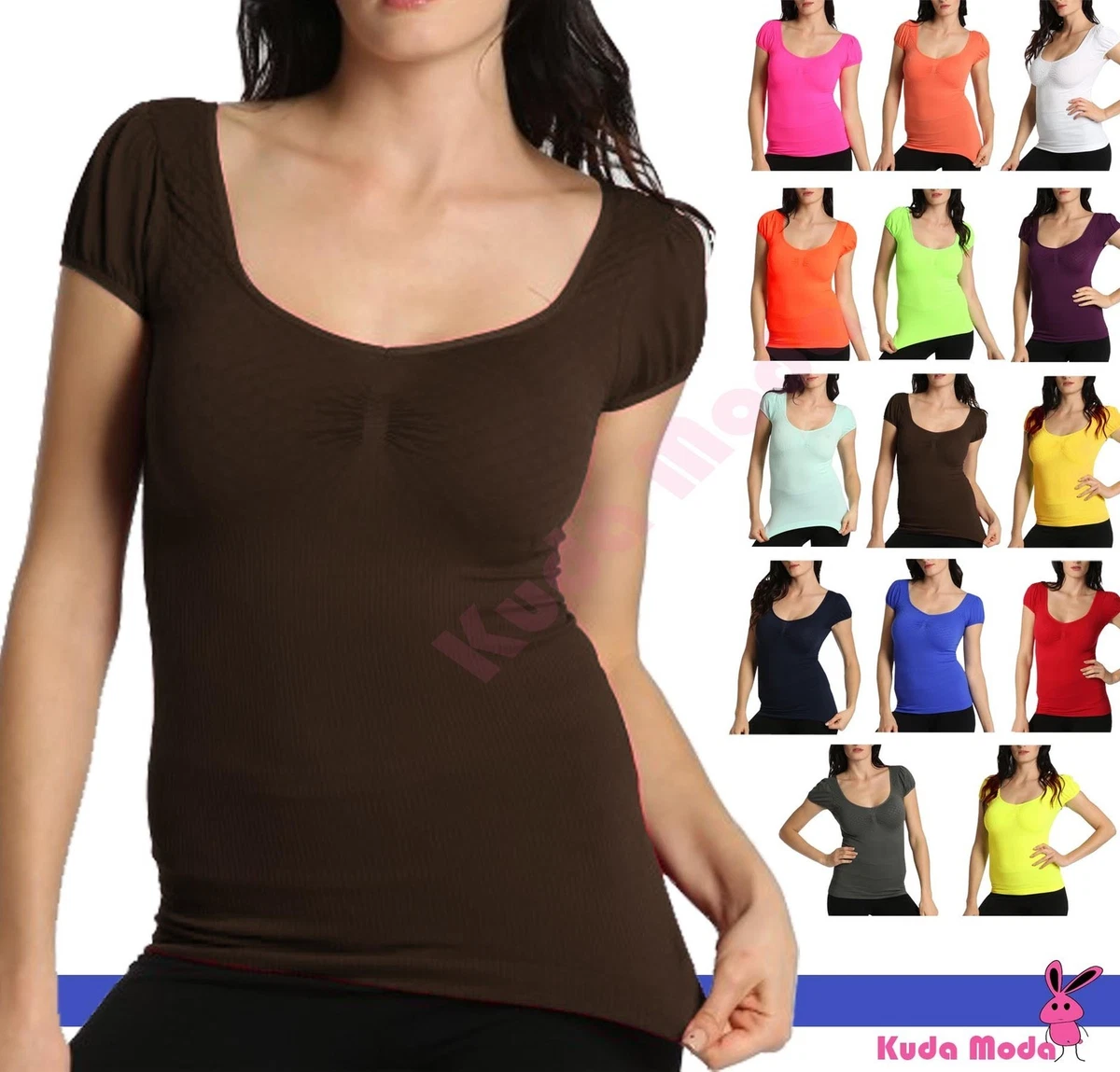 Sexy Women Seamless Low Cut Scoop Neck Short Sleeve Shirt T-Shirt