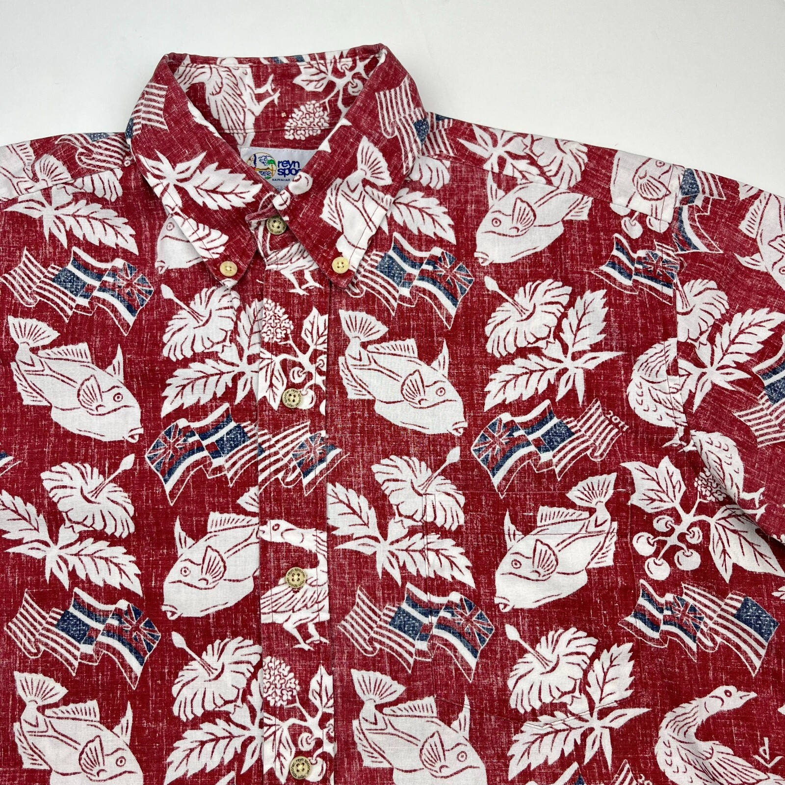 Reyn Spooner Dietrich Variez Collection All-over Print Button-Down Hawaiian Aloha Shirt Box Shirt Men's L Size cotton red type Vintage Second Hand