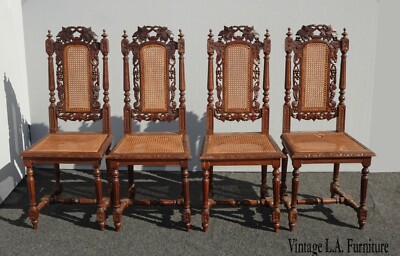 Set of Four Vintage Spanish Revival Ornate Carved Cane Dining Accent Chairs  Asis