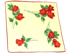 1950's Hankie Handkerchief red roses 4 corners yellow red trim 13 3/8"L
