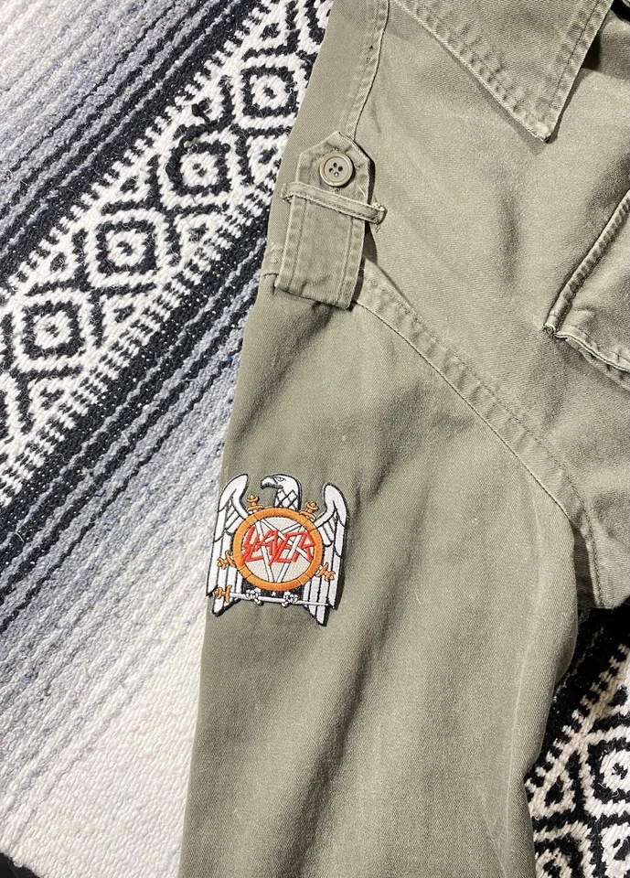 Chaqueta Abrigo SLAYER Banda Parche Militar Para Hombre 2XL Verde Cremallera Bolsillo Charreteras Foto 4 de 4