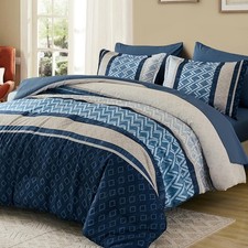 Queen Comforter Set 7 Pieces Blue Boho Striped Bed in a Bag,Soft Microfiber C...
