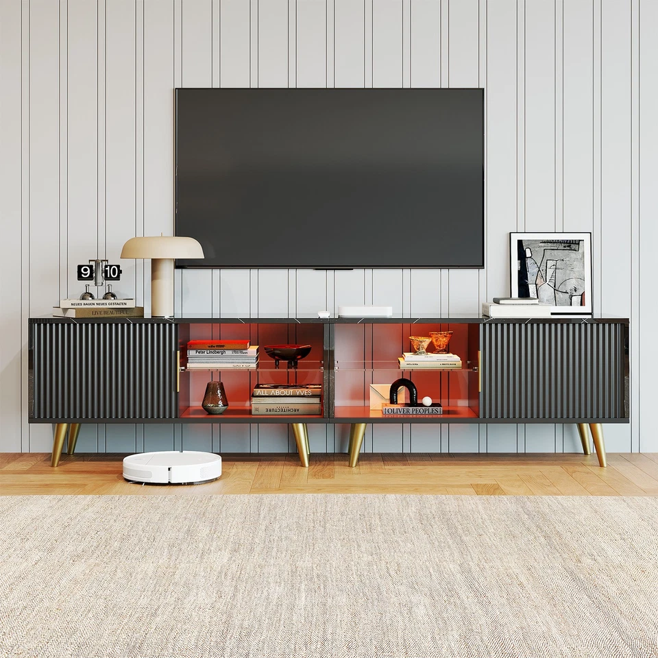 Armário de TV com luzes suporte de TV de madeira com portas e luz LED para sala de estar preto - Imagem 3 de 4