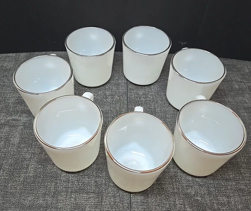 Set of 7 Anchor Hocking Fire King Milk Glass Cups with Silver Rim Vintage