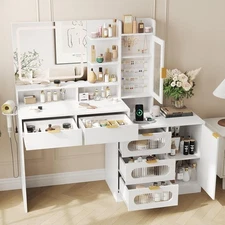 55" White Vanity Desk with Mirror and Lights Large Makeup Vanity Drawers Storage