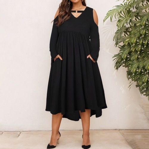PLUS SIZE ⭐ Women Sexy Cold Shoulder Long Sleeve V Neck Swing Dress Party Dress - Picture 3 of 18