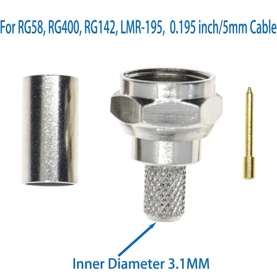 12Pcs F male Crimp RF Connector For LMR195 RG58 RG400 RG142 coaxial Cable 75ohm - Image 2 of 3