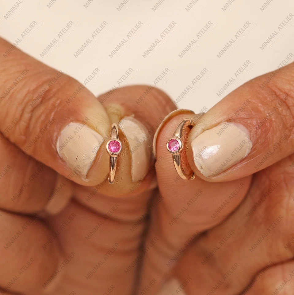 Pink Sapphire Huggies Hoops Earring Solid 14k Yellow Gold Earring, Wedding Hoop - Image 4 of 4