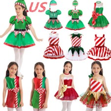 Kid Girls Christmas Santa Elf Cosplay Costume Suit Sequin Mesh Tutu Dress Hat