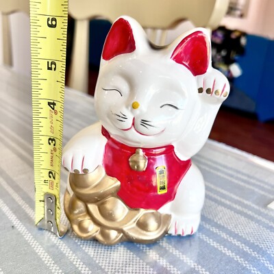 6” White Japanese Maneki Neko Beckoning Money Good Fortune Waiving