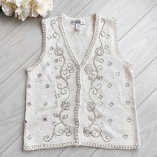 Vintage 90s Beaded Sweater Vest Cotton Floral Cottage CLAUDIA D Ivory Silver M