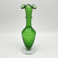Hand Blown Green Crackle Glass Vase Ruffled Edge STUNNING