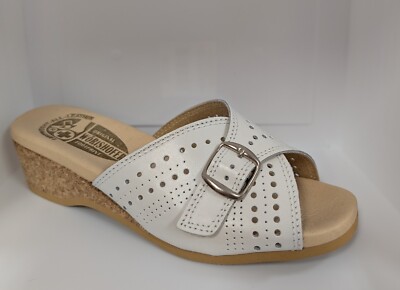 Worishofer 251P Women's White leather Cork Wedge Slide Sandal US 8 EU 38