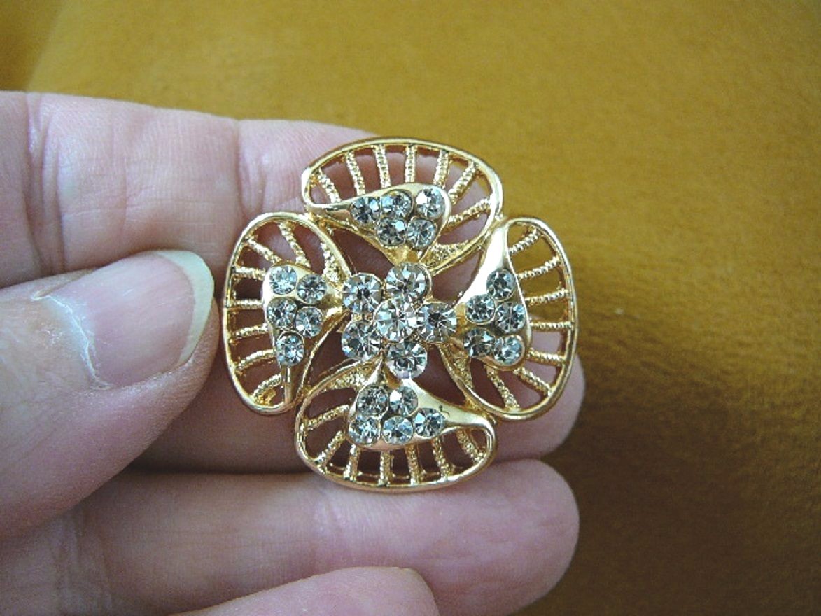 bb604-5) white rhinestone crystal filigree clover flower gold tone