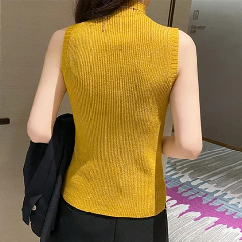 Woman Shiny Knitted Vest Sleeveless Sweater Jumper Mock Neck Tank Top Slim Fit - Bild 6 von 30