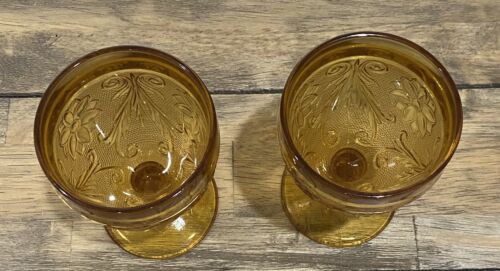 2 Vintage Tiara Indiana Glass Amber Water Goblet 5 1/4" Sandwich Pattern - Picture 4 of 6