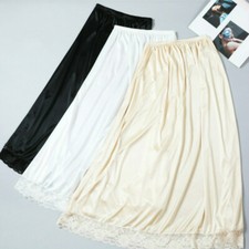 Women Satin Skirt Petticoat Long Slips Lace Underskirt Faux Silk Big Swing