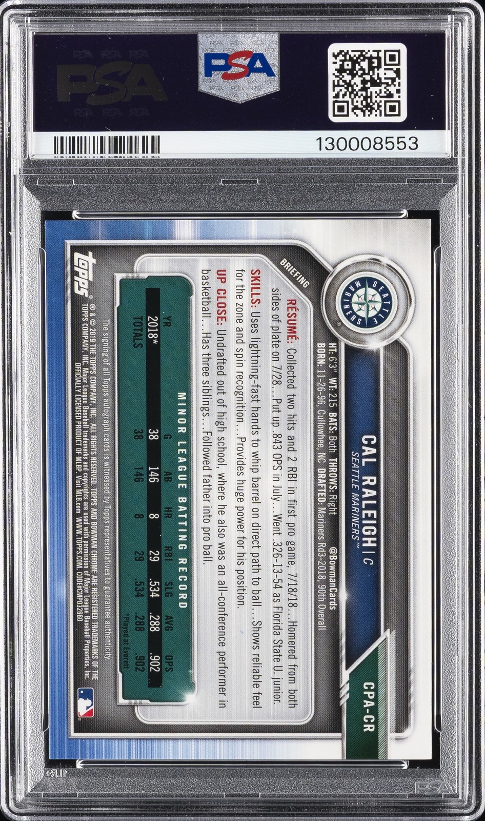 2019 BOWMAN CHROME PROSPECTS AUTO #CPACR CAL RALEIGH PSA 9 AUTO view 2