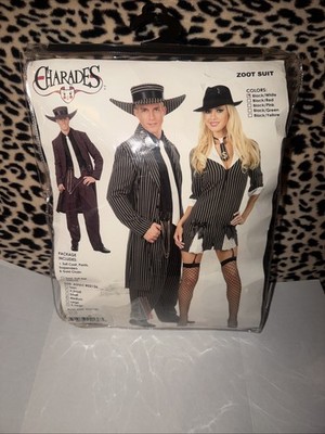 Charades Men's Zoot Suit with Chain, Black/White,  Medium Gangster Mob Halloween