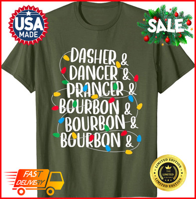 Dasher Dancer Prancer & Bourbon Christmas Lights Reindeer T-Shirt