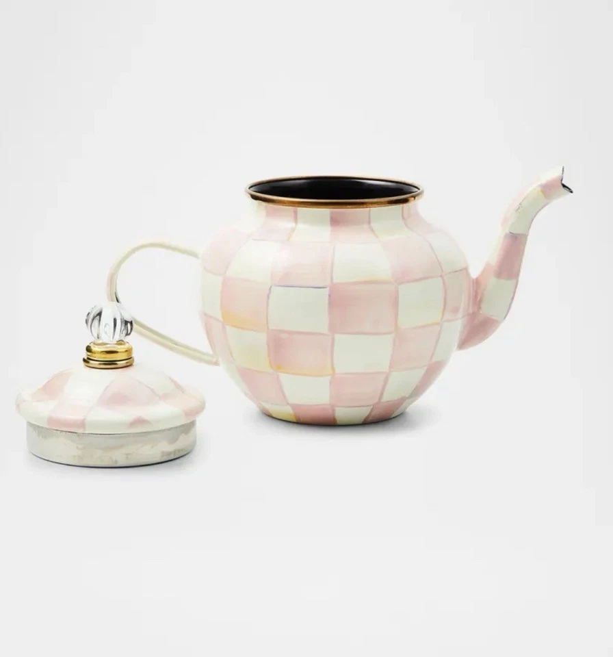 Tetera MacKenzie-Childs esmalte a cuadros rosados 4 tazas tetera con tapa rosa y blanco Foto 2 de 4