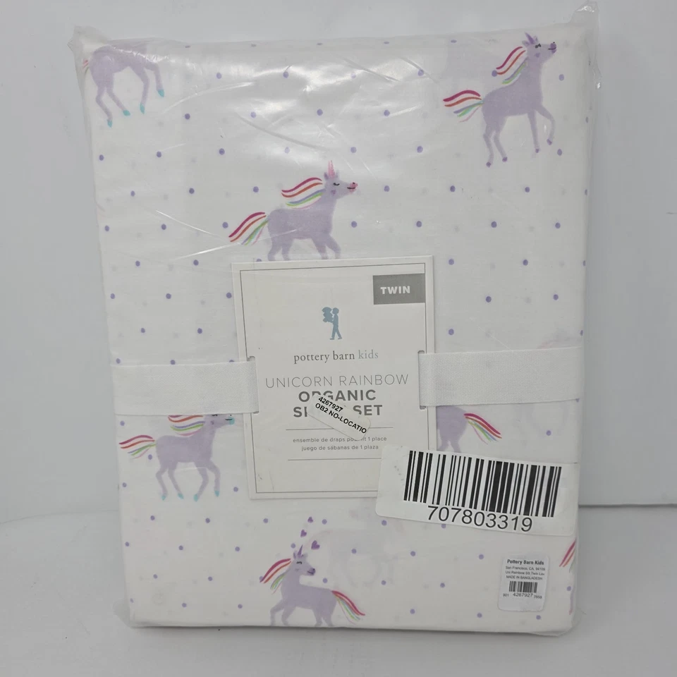 Juego de sábanas orgánicas Pottery Barn Kids unicornio arco iris doble lavanda nuevo Foto 3 de 3