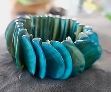 Abalone Mother Of Pearl  Blue Half Moon Shell Slices Stretch Bracelet  