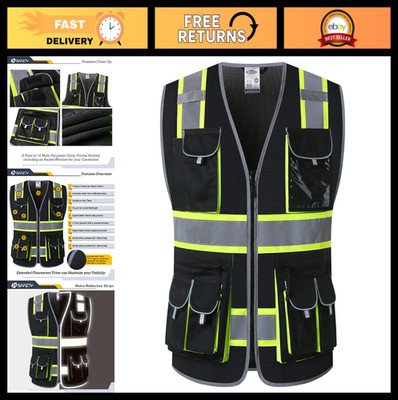 Hi-Vis Safety Vest with 10 Pockets, Mesh Zipper Design, ANSI Compliant, Unisex L