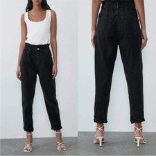 ZARA EUR 40 US 8 BLACK Ultra High Waisted Paperbag 90's Y2K Barrel Jeans 54