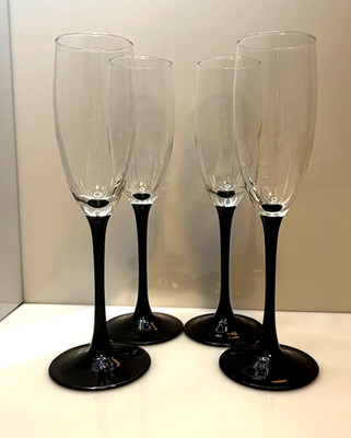 Set of 4 Vintage Luminarc Domino Black Stem Champagne Flute Glasses - EUC