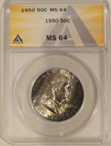 1950 ANACS MS64 TAB TONING Ben Franklin Half Dollar Rainbow Coloring
