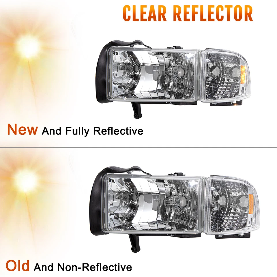 Pair For 1994-2002 Dodge Ram 1500 94-02 2500 3500 Headlights Chrome Headlamp Foto 4 de 4