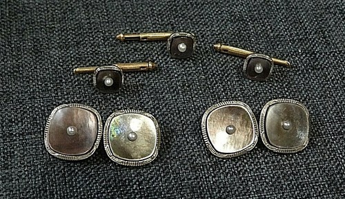 Deco Grey Mother Of Pearl Tuxedo Cufflink Set 10k gold