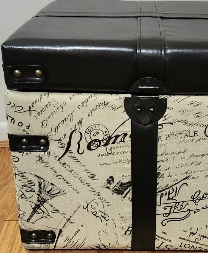 Faux Leather Ottoman Storage Cube Script Upholstered with Nail Heads Read Detail - Image 2 of 4