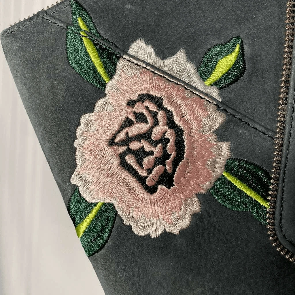 Rebecca Minkoff Leo Nubuck Leather Embroidered Floral Envelope Clutch Handbag
