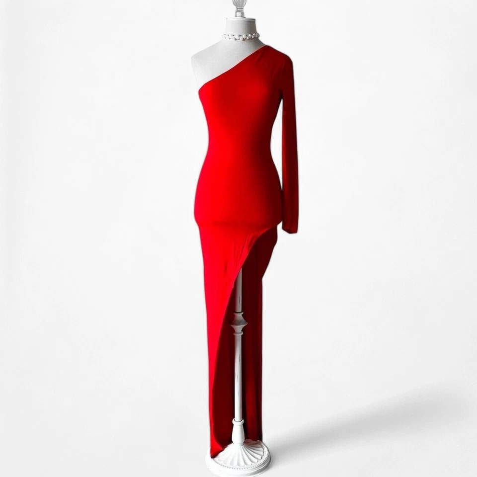 Red Knit One Shoulder Long Sleeve Side Slit Bodycon Maxi Dress Size XS/S - Image 4 of 4