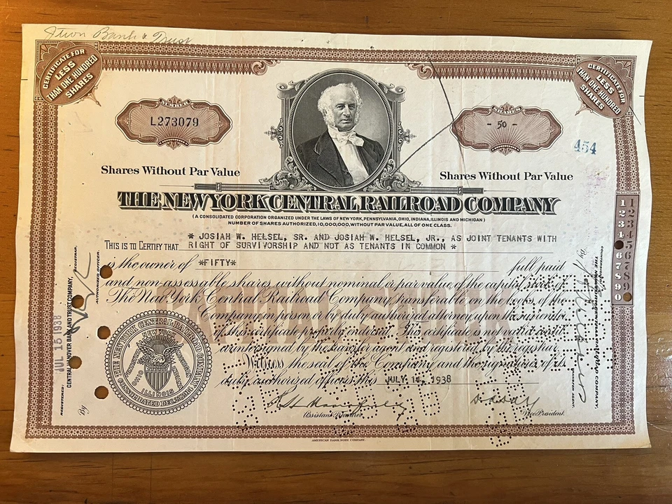 Certificado de stock del Ferrocarril Central de Nueva York: Cornelius Vanderbilt Foto 3 de 4