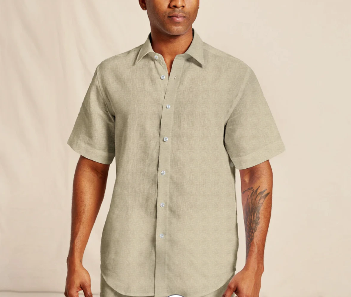 Inserch SS717-06 Short Sleeve Linen Shirt Oatmel
