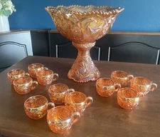Vintage Imperial Carnival Marigold Punch Bowl & Stand Hobstars + 12 Cups
