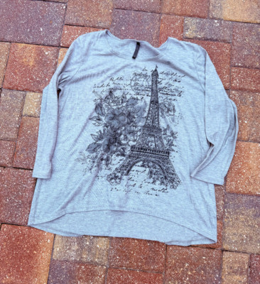 Womens Cute Vintage Y2K 2000s Paris Eiffel Tower Beaded Graphic 3/4 Sleeve Top L